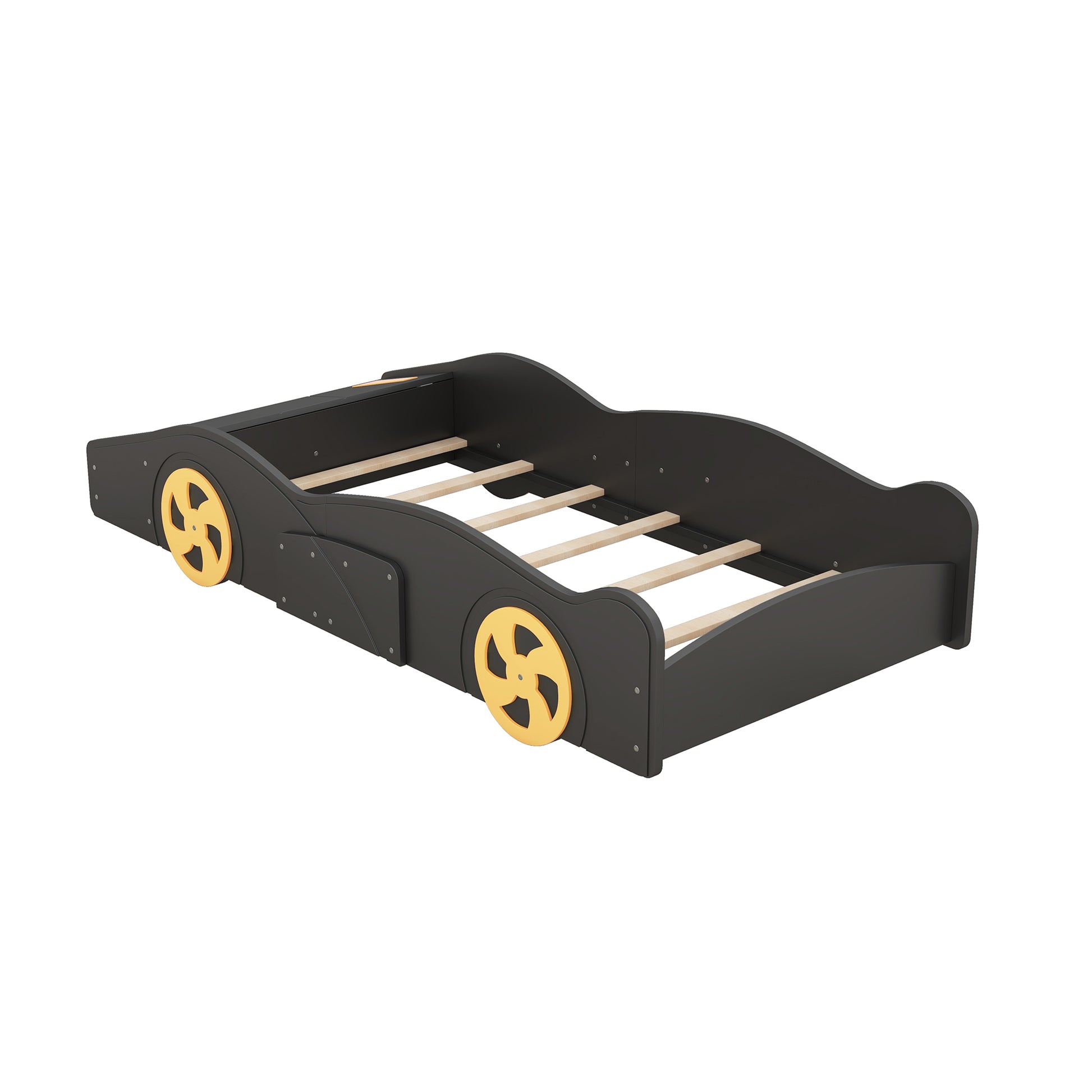 Twin Size Race Car-Shaped Platform Bed with Wheels and Storage, Black+Yellow House to Home Furnishings LLC