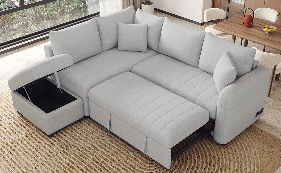 82.6" L-shaped Sectional Pull Out Sofa Bed Sleeper Sofa with Two USB Ports, Two Power Sockets and a Movable Storage Ottoman, Gray ***(FREE SHIPPING)*** House to Home Furnishings LLC