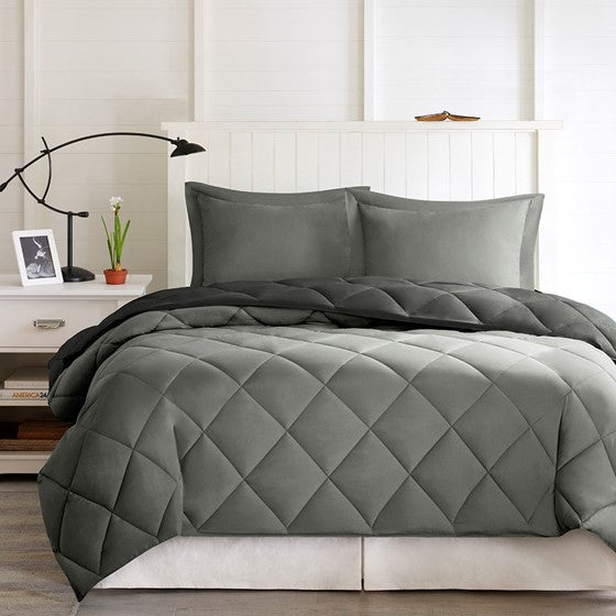 3M Scotchgard Diamond Quilting Reversible Down Alternative Comforter Set Black/Grey King Olliix.com