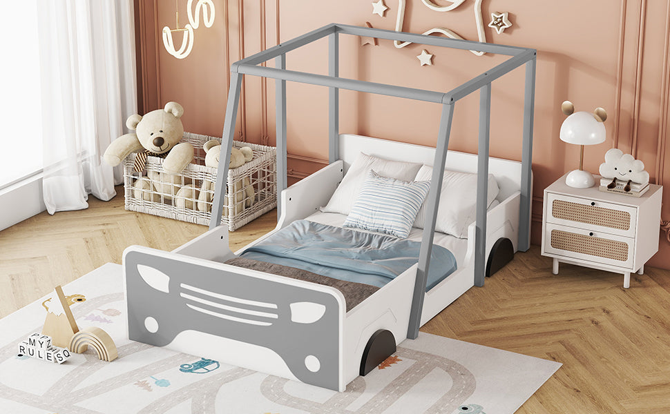 Twin Size Car-shaped Bed with Roof,Wooden Twin Floor Bed with wheels and door Design,Montessori Inspired Bedroom,Grey House to Home Furnishings LLC