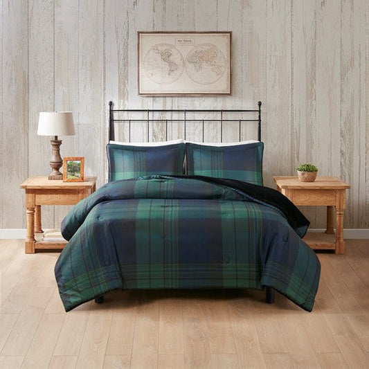 Faux Wool to Faux Fur Down Alternative Comforter Set Green Plaid Full/Queen Olliix.com