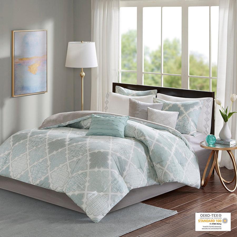 Cadence King 9 Piece Cotton Sateen Comforter Set Aqua Olliix.com