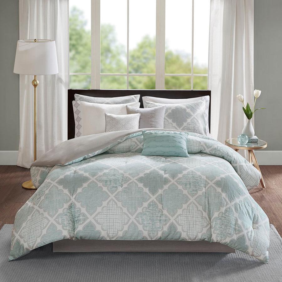 Cadence King 9 Piece Cotton Sateen Comforter Set Aqua Olliix.com