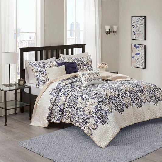 Cali King/California King 6 Piece Reversible Coverlet Set Blue Olliix.com