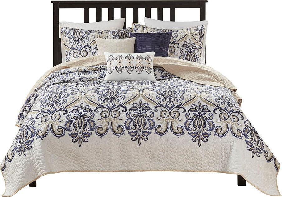 Cali King/California King 6 Piece Reversible Coverlet Set Blue Olliix.com