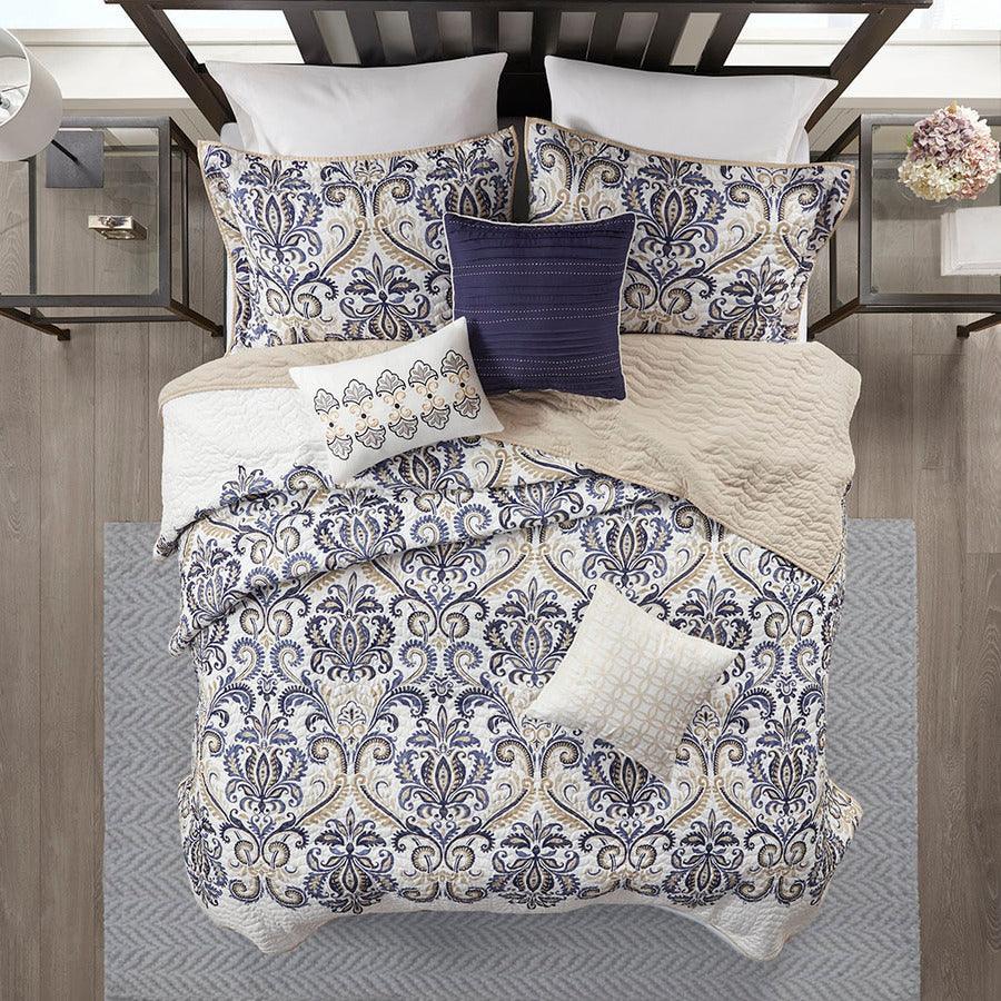 Cali King/California King 6 Piece Reversible Coverlet Set Blue Olliix.com