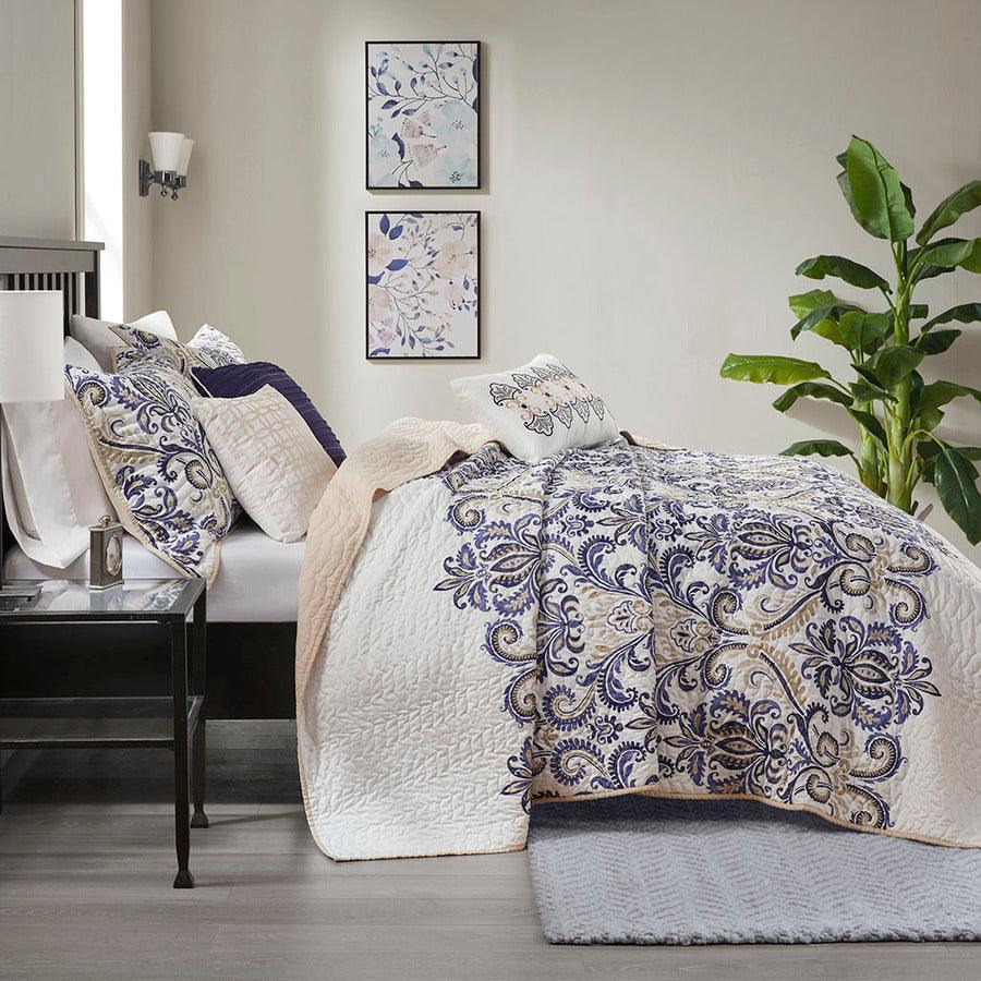 Cali King/California King 6 Piece Reversible Coverlet Set Blue Olliix.com