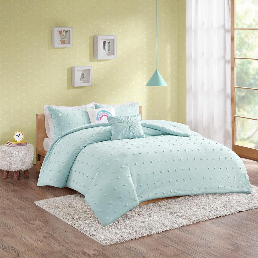 Callie Full/Queen Cotton Jacquard Pom Pom Comforter Set Aqua Olliix.com