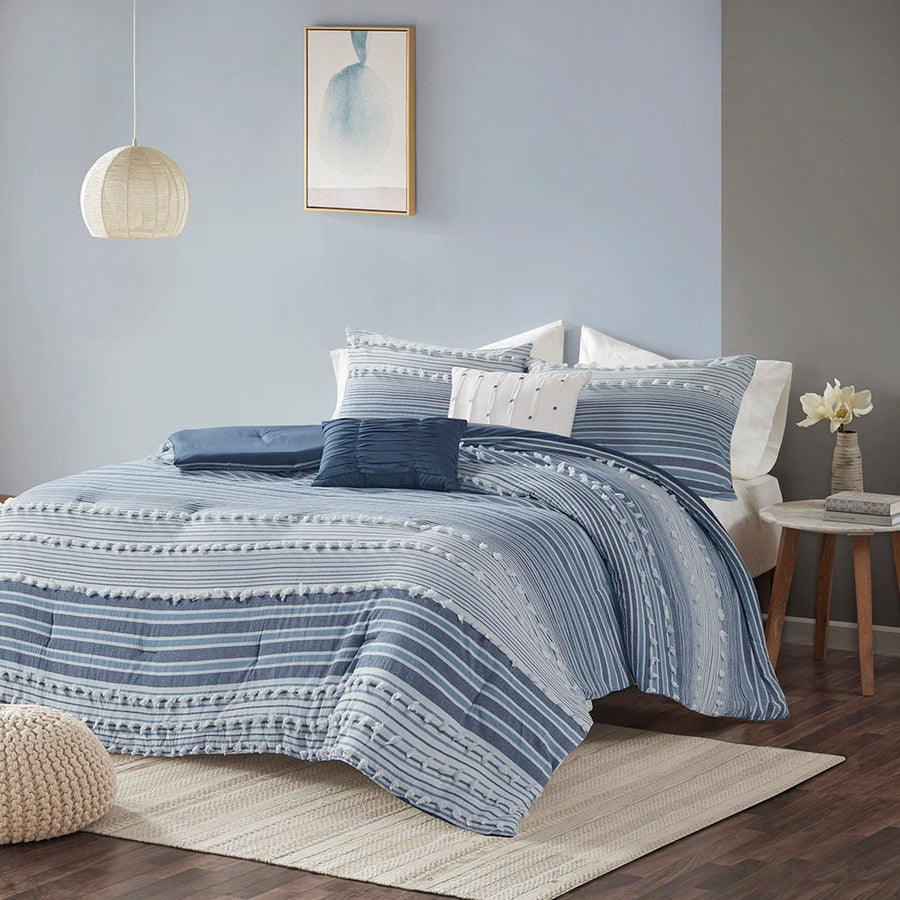 Calum Casual Cotton Jacquard Comforter Set Navy King/Cal King Olliix.com