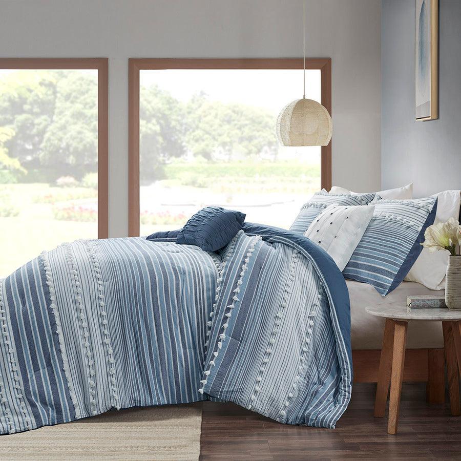 Calum Casual Cotton Jacquard Comforter Set Navy King/Cal King Olliix.com