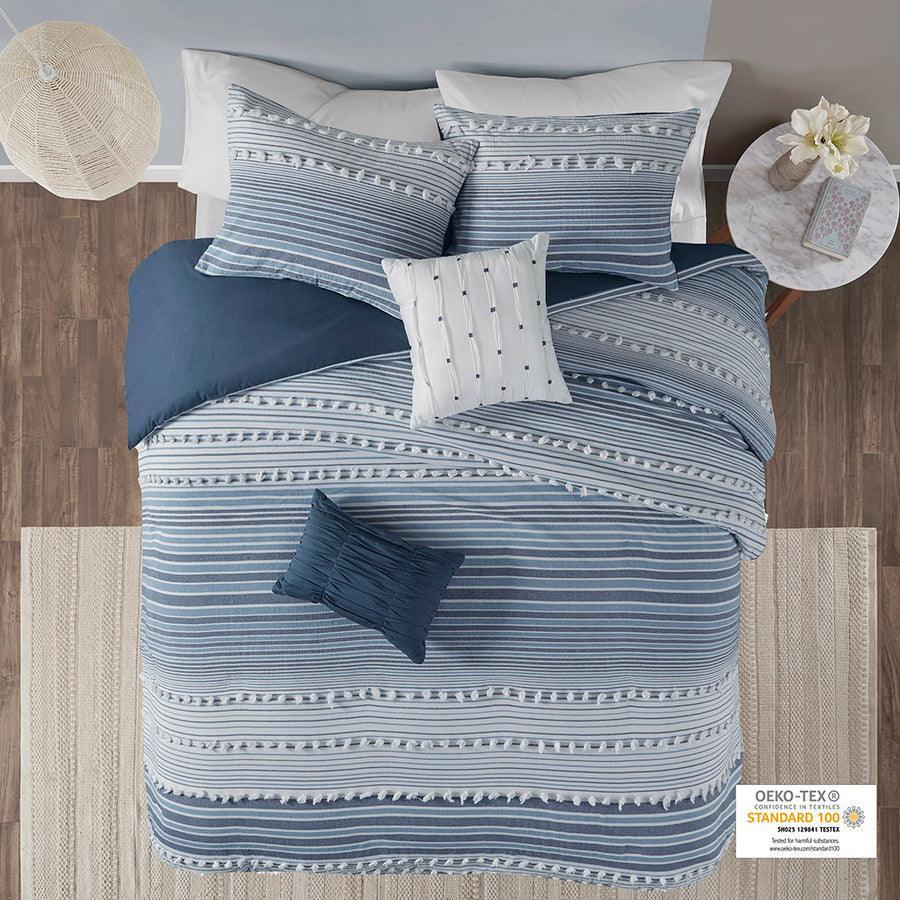 Calum Modern Cotton Jacquard Duvet Cover Set Full/Queen Navy Olliix.com