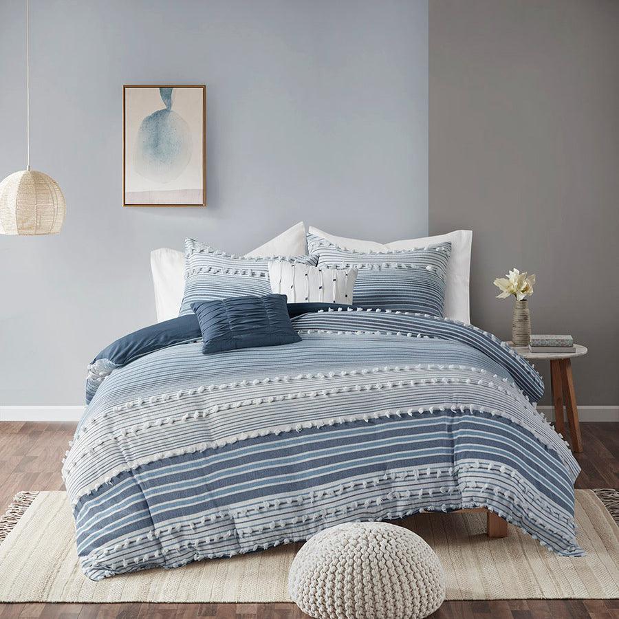 Calum Modern Cotton Jacquard Duvet Cover Set Full/Queen Navy Olliix.com