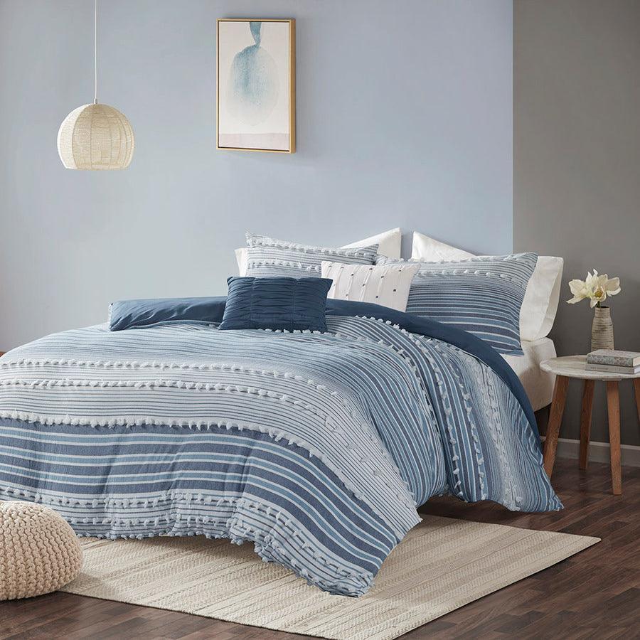 Calum Modern Cotton Jacquard Duvet Cover Set Full/Queen Navy Olliix.com