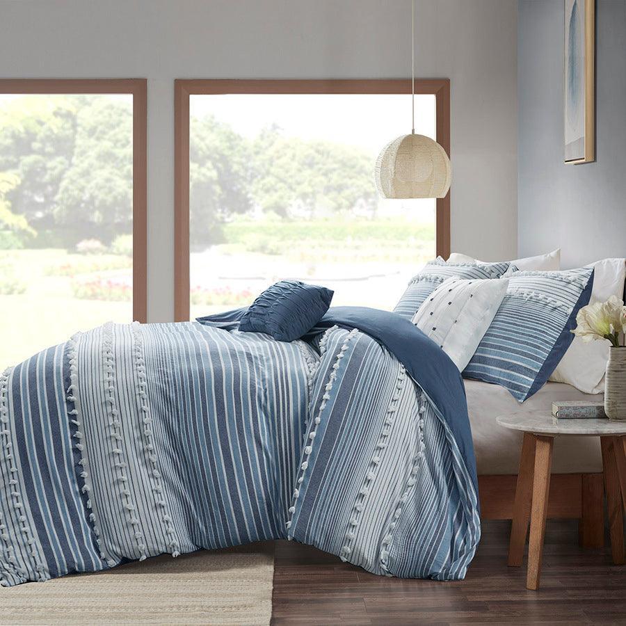 Calum Modern Cotton Jacquard Duvet Cover Set Full/Queen Navy Olliix.com