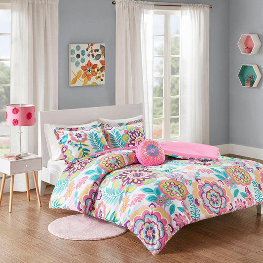 Camille Full/Queen Casual Floral Comforter Set Pink Olliix.com