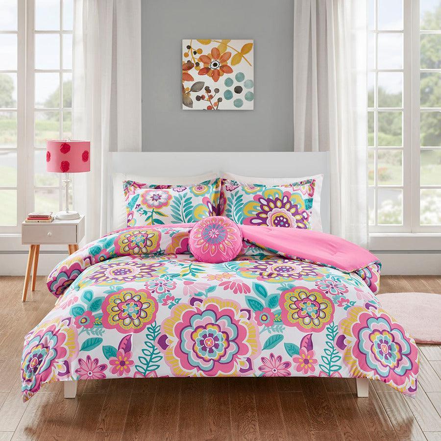 Camille Full/Queen Casual Floral Comforter Set Pink Olliix.com