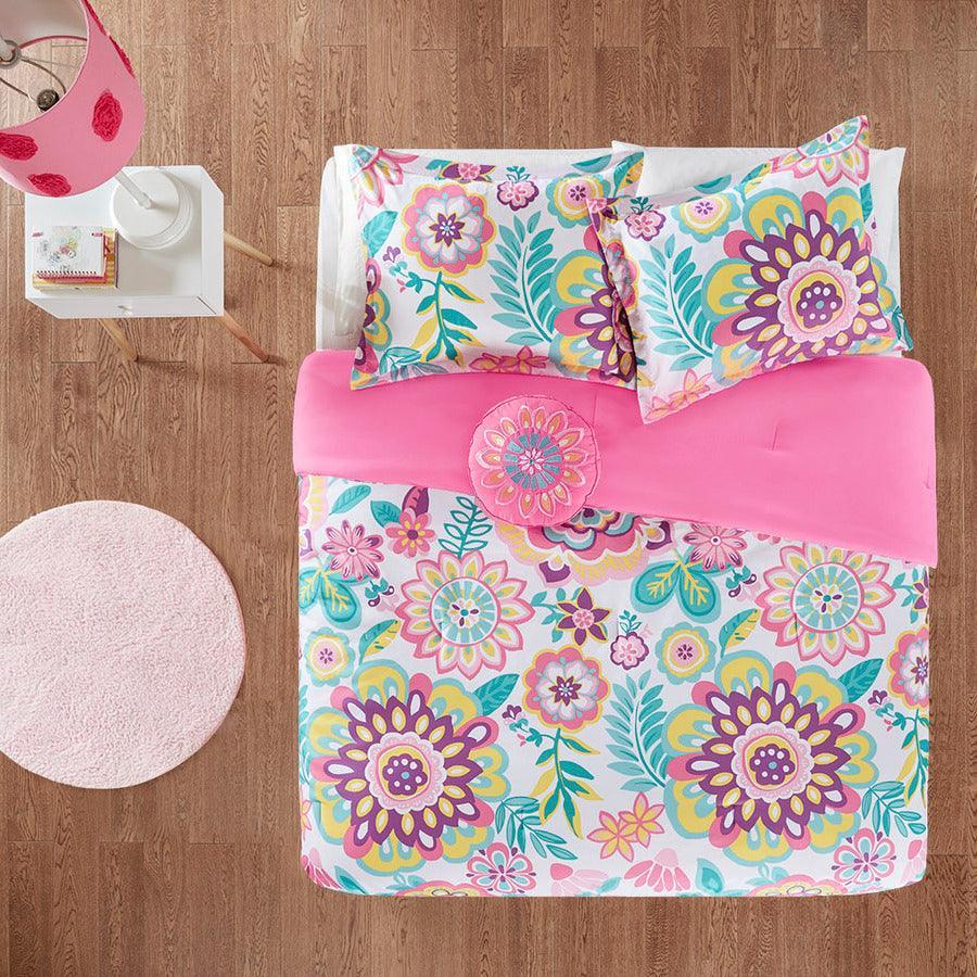 Camille Full/Queen Casual Floral Comforter Set Pink Olliix.com