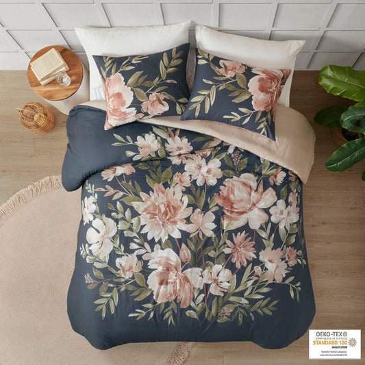 Camillia Shabby Chic 3 Pc Cotton Duvet Cover Set Full/ Queen Navy Olliix.com