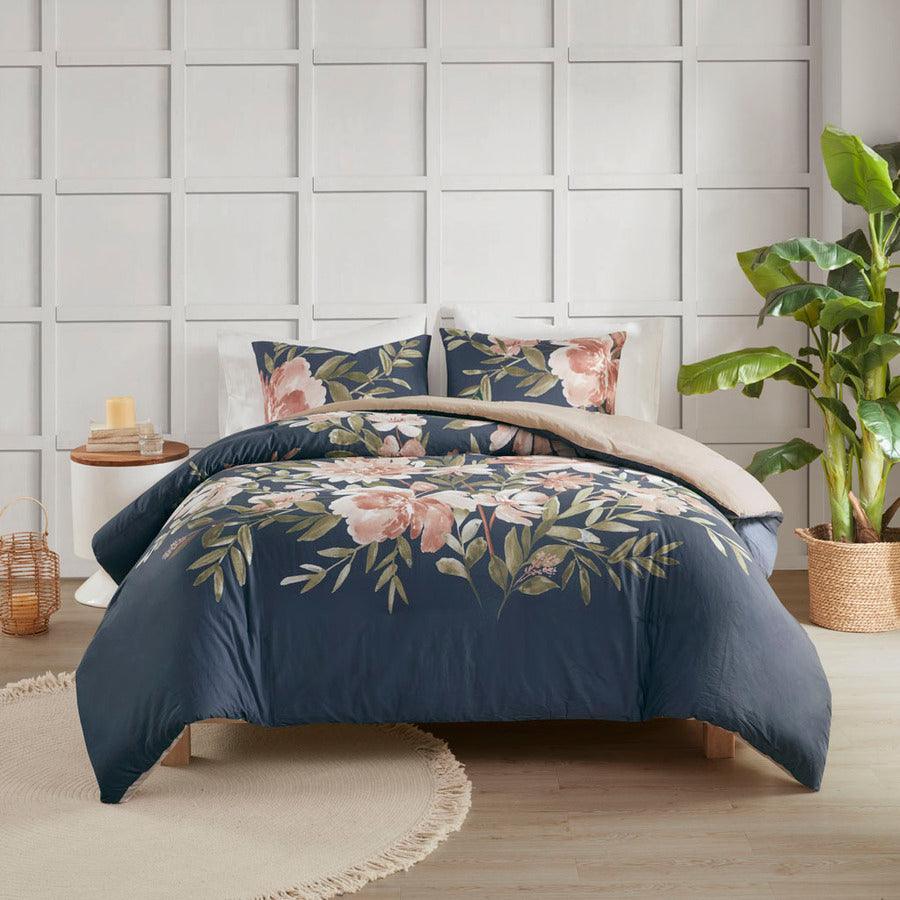 Camillia Shabby Chic 3 Pc Cotton Duvet Cover Set Full/ Queen Navy Olliix.com