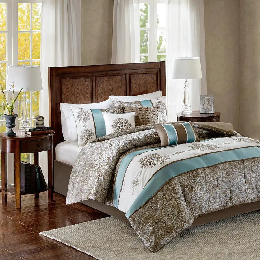 Caroline Cottage Jacquard 7 Piece Comforter Set Blue Cal King Olliix.com