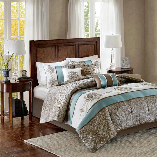 Caroline Cottage Jacquard 7 Piece Comforter Set Blue Cal King Olliix.com