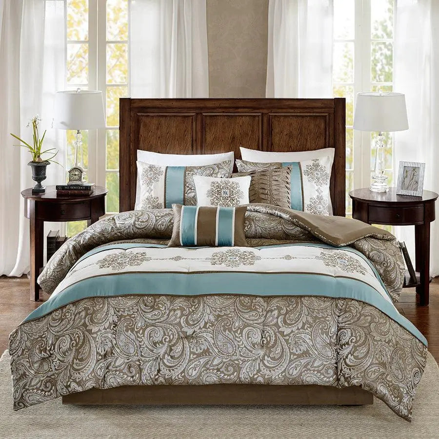 Caroline Cottage Jacquard 7 Piece Comforter Set Blue Cal King Olliix.com