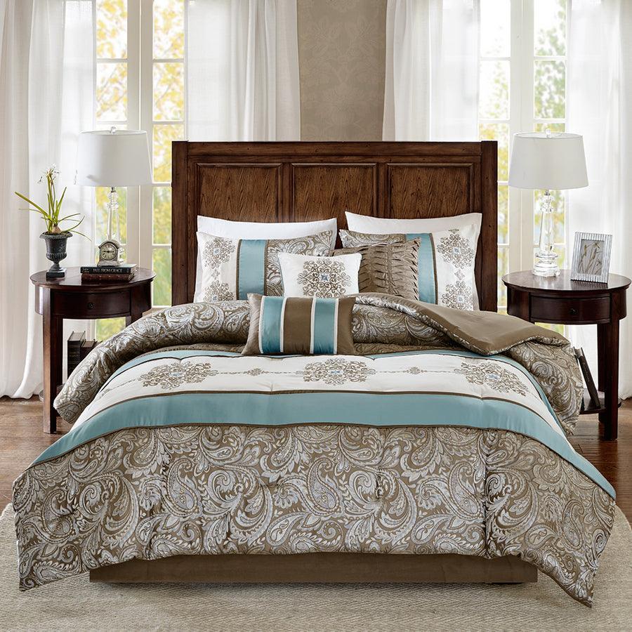 Caroline Jacquard 7 Piece Comforter Set Blue Queen Olliix.com