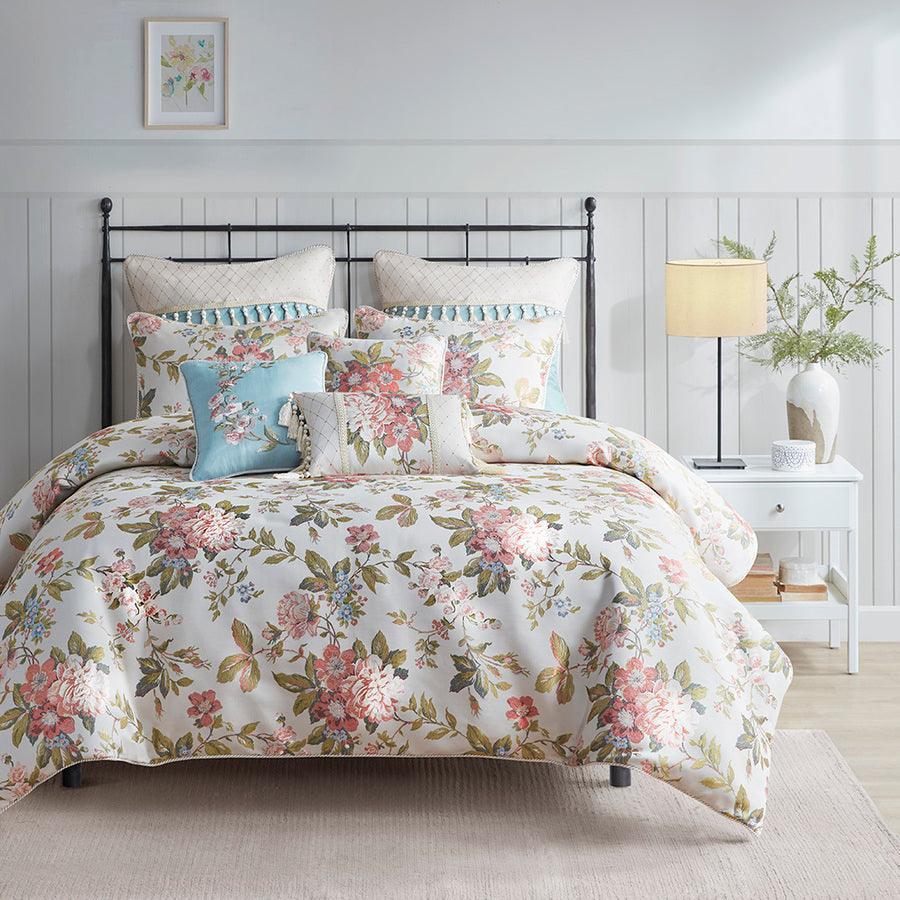 Carolyn Floral Jacquard Comforter Set With Euro Shams And Dec Pillows Ivory King Olliix.com