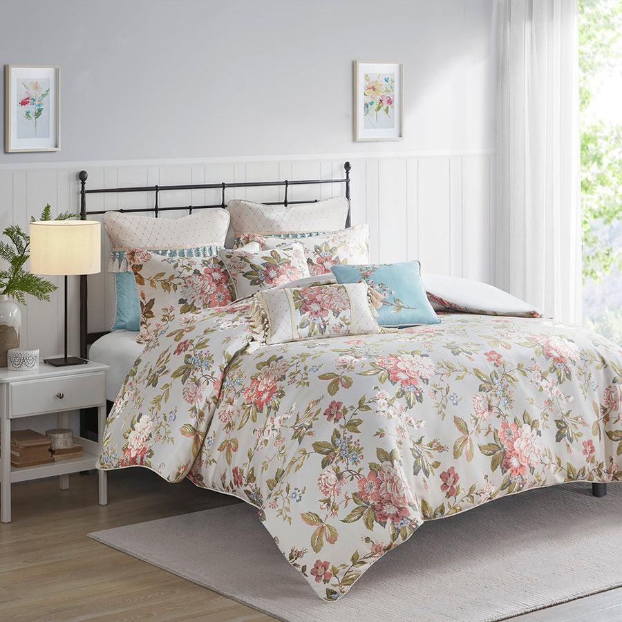 Carolyn Floral Jacquard Comforter Set With Euro Shams And Dec Pillows Ivory King Olliix.com