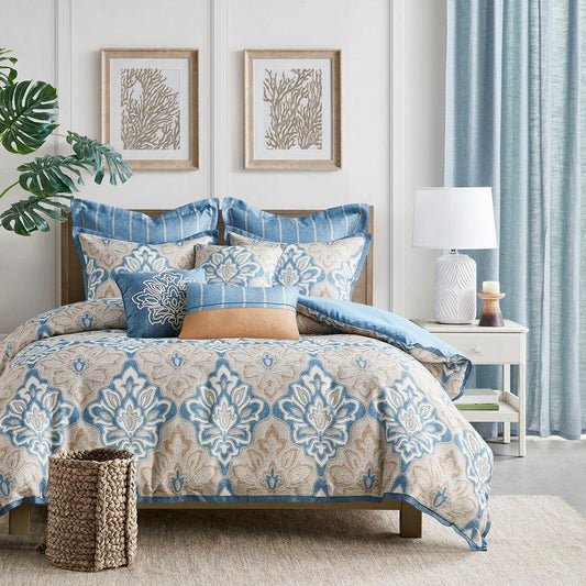 Caspian Medallion Print Comforter Set With Euro Shams And Dec Pillows Blue King Olliix.com