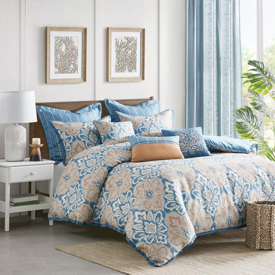 Caspian Medallion Print Comforter Set With Euro Shams And Dec Pillows Blue King Olliix.com