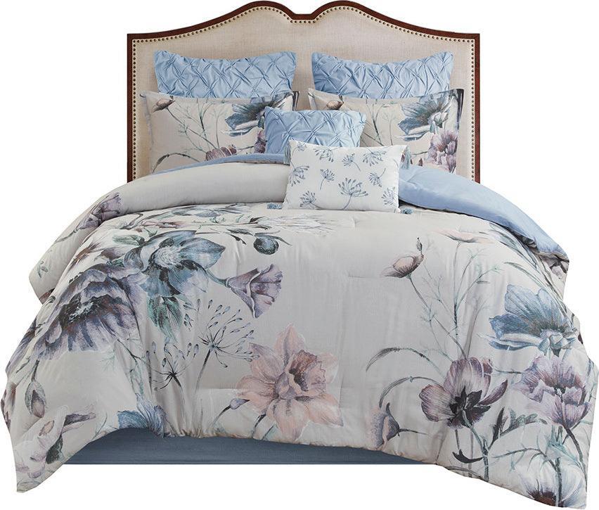 Cassandra 8 Piece Cotton Printed Comforter Set Blue King Olliix.com