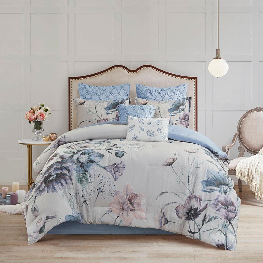 Cassandra 8 Piece Cotton Printed Comforter Set Blue King Olliix.com