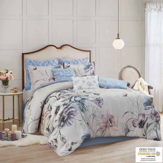 Cassandra 8 Pieces Cotton Printed Comforter Set Blue King Olliix.com