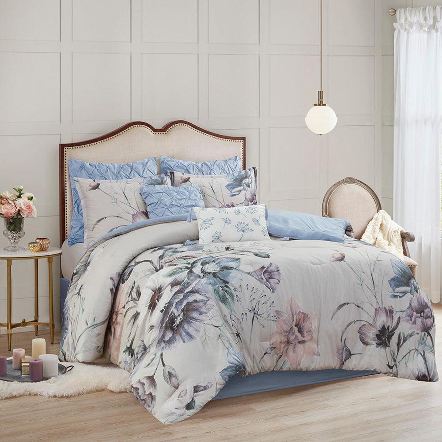 Cassandra 8 Pieces Cotton Printed Comforter Set Blue King Olliix.com