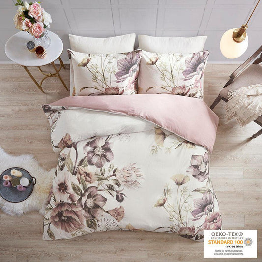 Cassandra Shabby Chic 3 Pc Cotton Printed Duvet Cover Set Full/Queen Blush Olliix.com