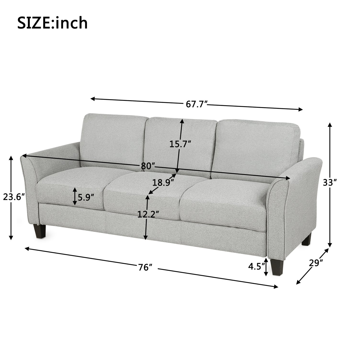 3-Seat Sofa Living Room Linen Fabric Sofa (Light Gray) House to Home Furnishings LLC