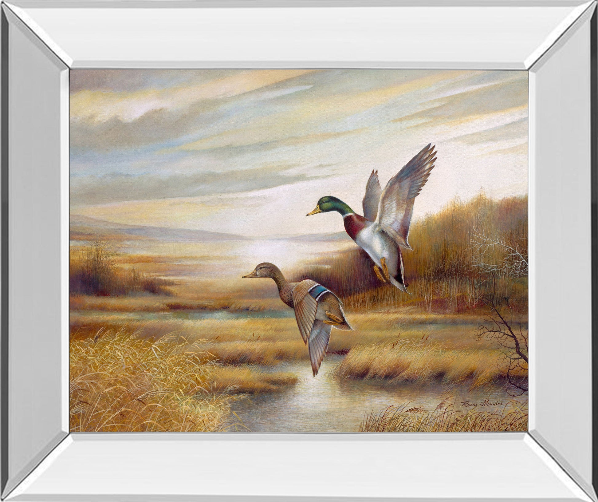 22x26 Mallards By Ruanne Manning And Mossy Oak Native Living - Mirror Framed Print Wall Art - Dark Brown Classy Art