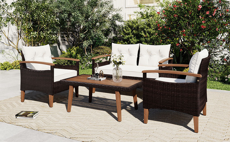 GO 4-Piece Garden Furniture,  Patio Seating Set, PE Rattan Outdoor Sofa Set, Wood Table and Legs, Brown and Beige House to Home Furnishings LLC