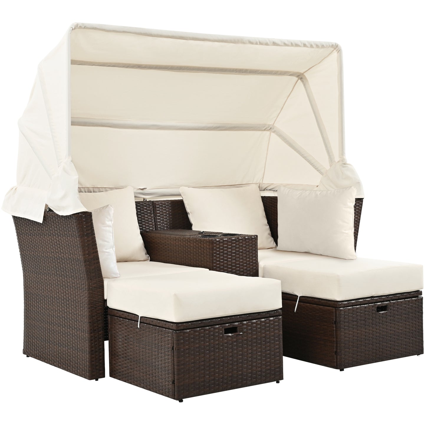 2-Seater Outdoor Patio Daybed Outdoor Double Daybed Outdoor Loveseat Sofa Set with Foldable Awning and Cushions for Garden, Balcony, Poolside, Beige ***(FREE SHIPPING)*** House to Home Furnishings LLC