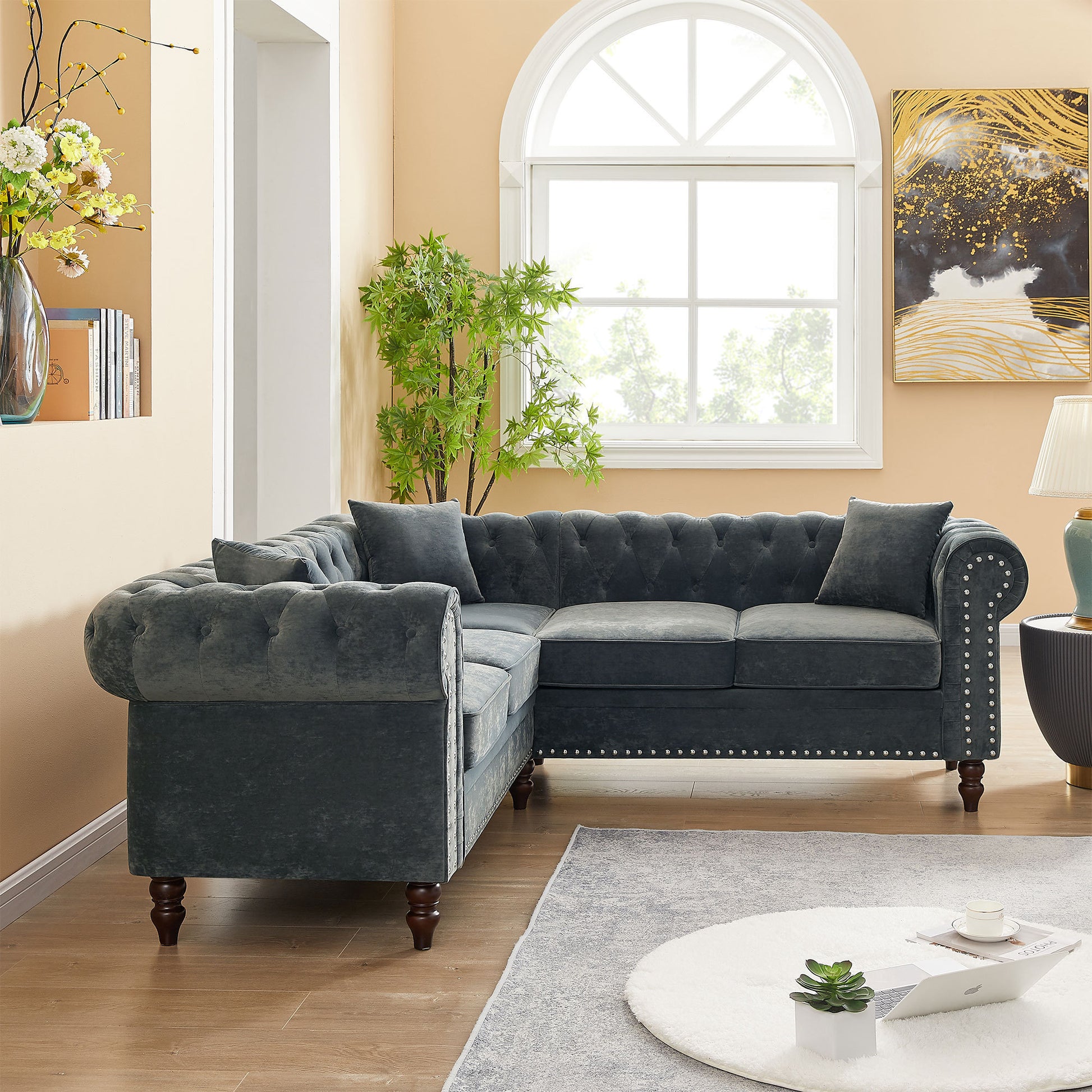 MH 80" Deep Button Tufted Upholstered Roll Arm Luxury Classic Chesterfield L-shaped Sofa 3 Pillows Included, Solid Wood Gourd Legs, Grey velvet ***(FREE SHIPPING)*** House to Home Furnishings LLC