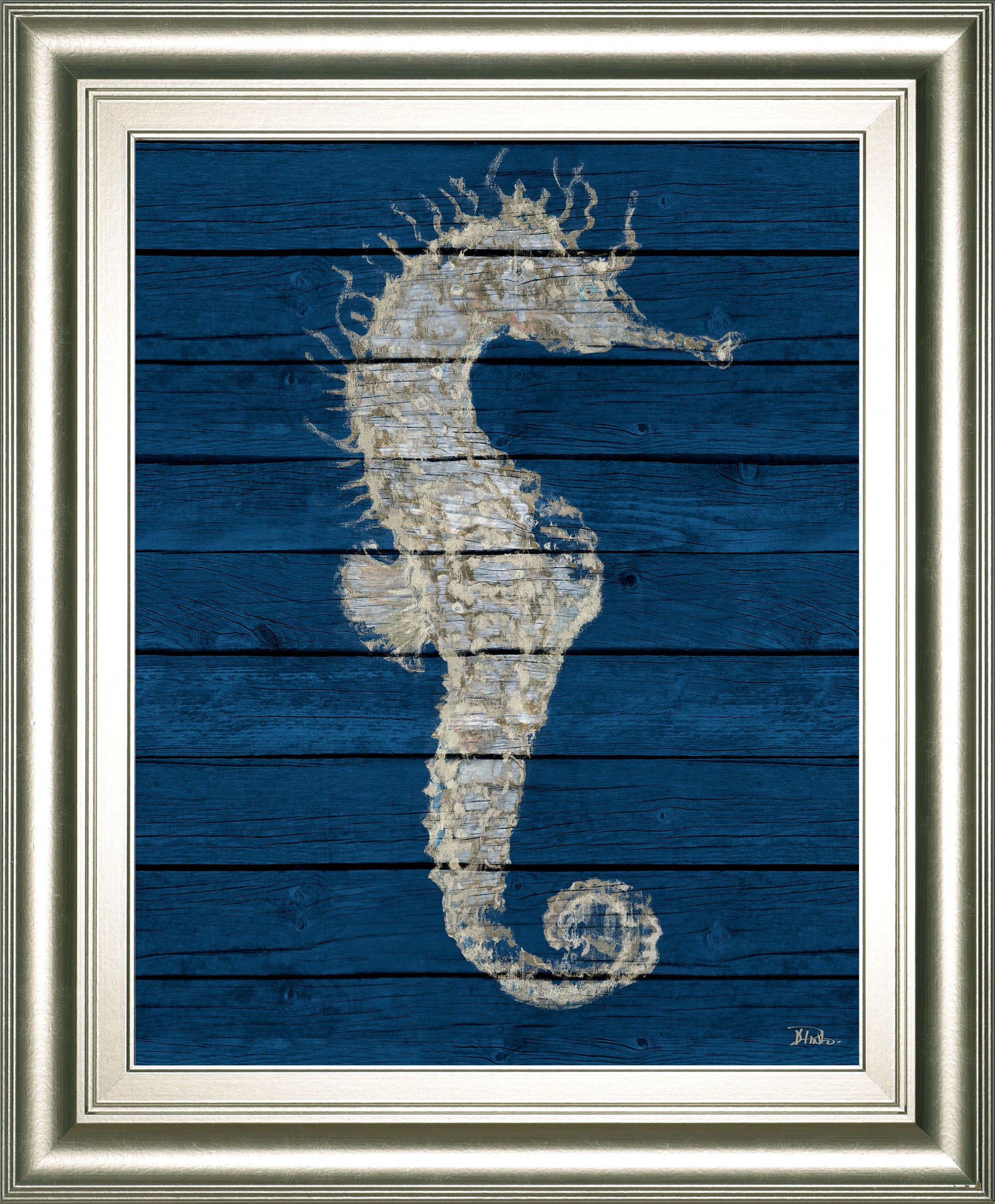 Antique Seahorse On Blue I By Patricia Pinto - Framed Print Wall Art - Blue Classy Art