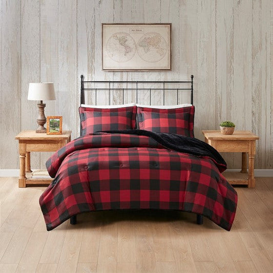 Faux Wool to Faux Fur Down Alternative Comforter Set Red Buffalo Check Full/Queen Olliix.com