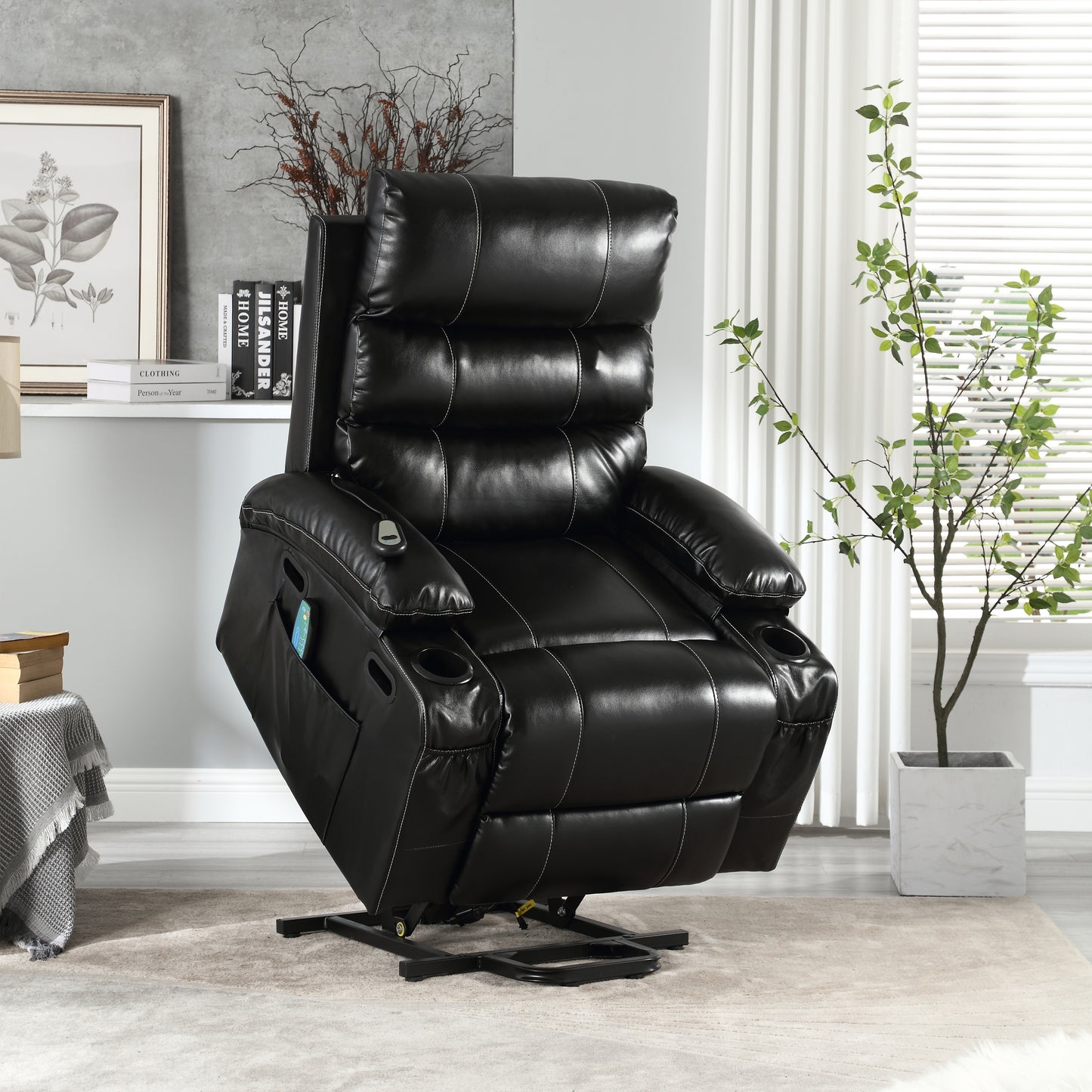 21" Seat Width, Large Size Electric Power Lift Recliner Chair Sofa for Elderly, 8 Point Vibration Massage and Lumber HEAT🔥, Remote Control, Side Pockets and Cup Holders, Cozy Fabric, Overstuffed Arm pu House to Home Furnishings LLC