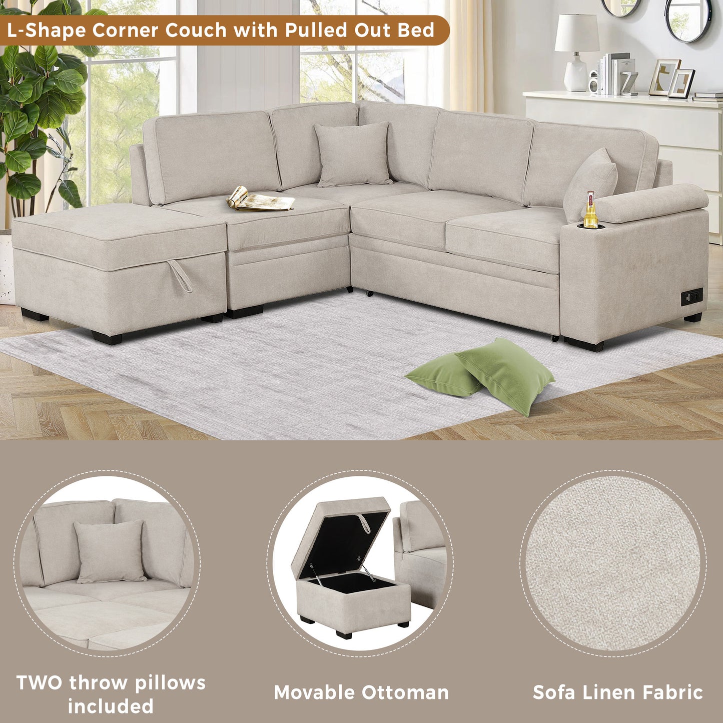 87.4" Sleeper Sofa Bed,2 in 1 Pull Out sofa bed L Shape Couch with Storage Ottoman for Living Room,Bedroom Couch and Small Apartment, Beige House to Home Furnishings LLC