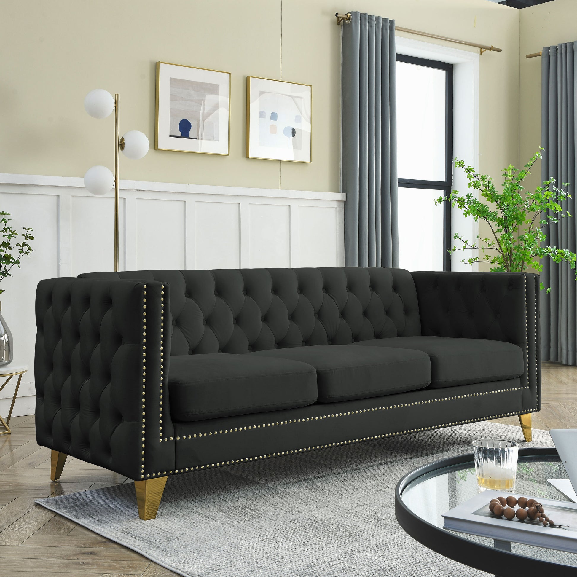 {Contact us for 3D modeling} Velvet Sofa for Living Room,Buttons Tufted Square Arm Couch, Modern Couch Upholstered Button and Metal Legs, Sofa Couch for Bedroom, Black Velvet(W834S00022) House to Home Furnishings LLC