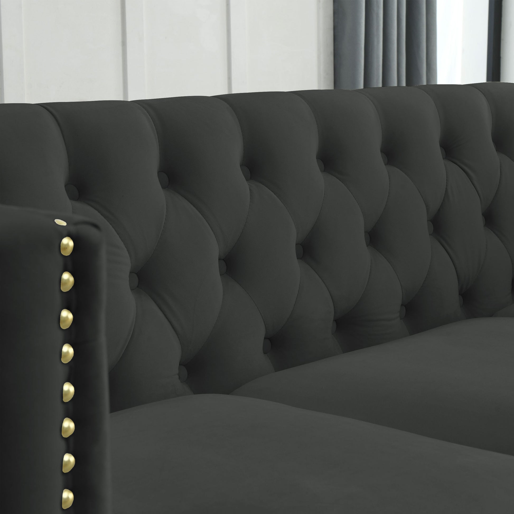 {Contact us for 3D modeling} Velvet Sofa for Living Room,Buttons Tufted Square Arm Couch, Modern Couch Upholstered Button and Metal Legs, Sofa Couch for Bedroom, Black Velvet(W834S00022) House to Home Furnishings LLC