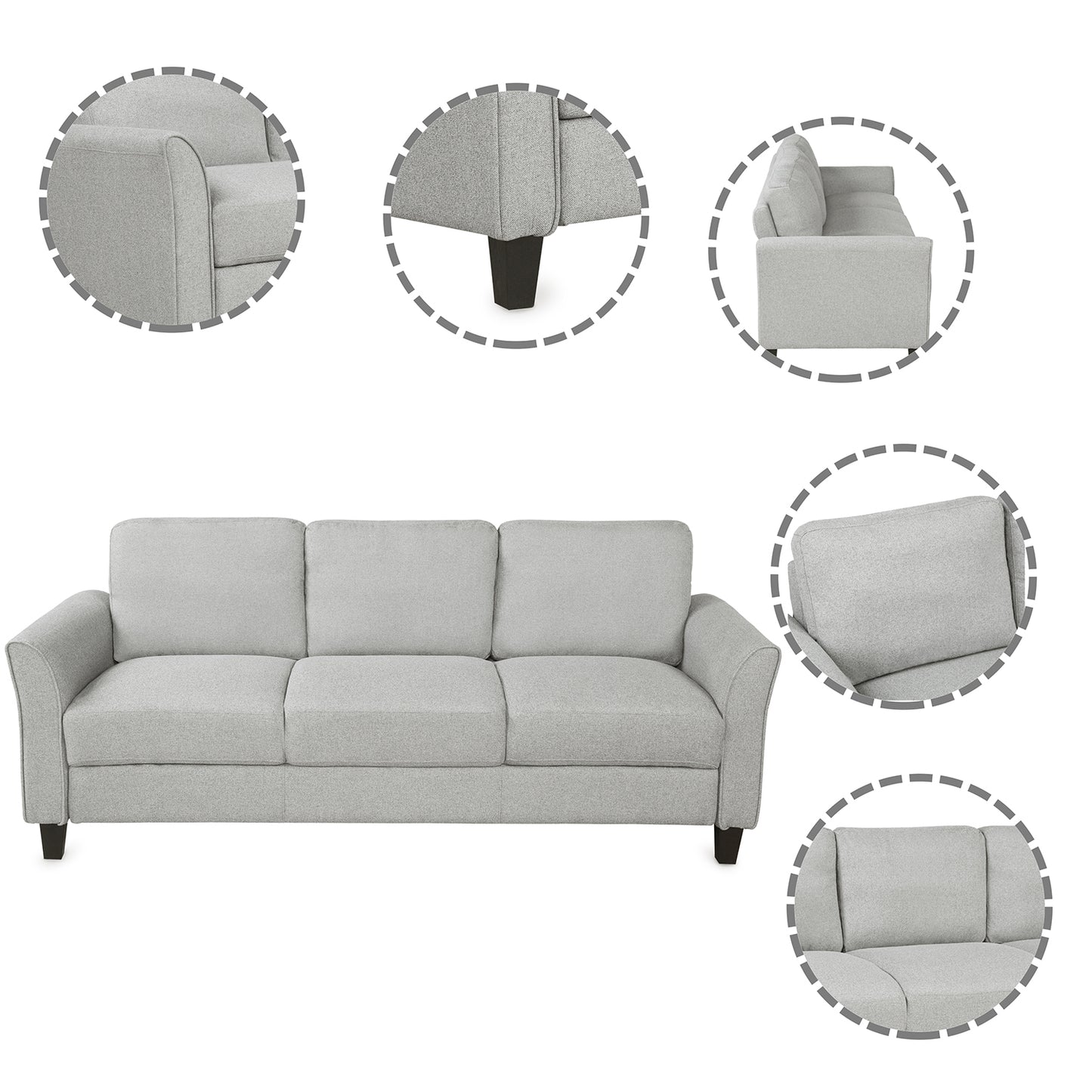 3-Seat Sofa Living Room Linen Fabric Sofa (Light Gray) House to Home Furnishings LLC