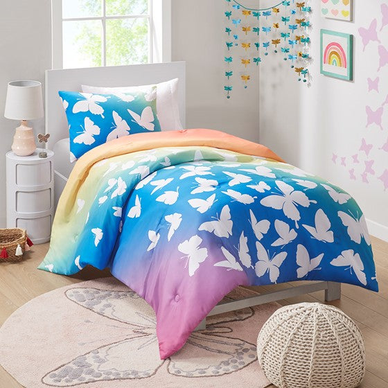 Rainbow and Butterfly Comforter Set Blue/Purple Full/Queen Olliix.com