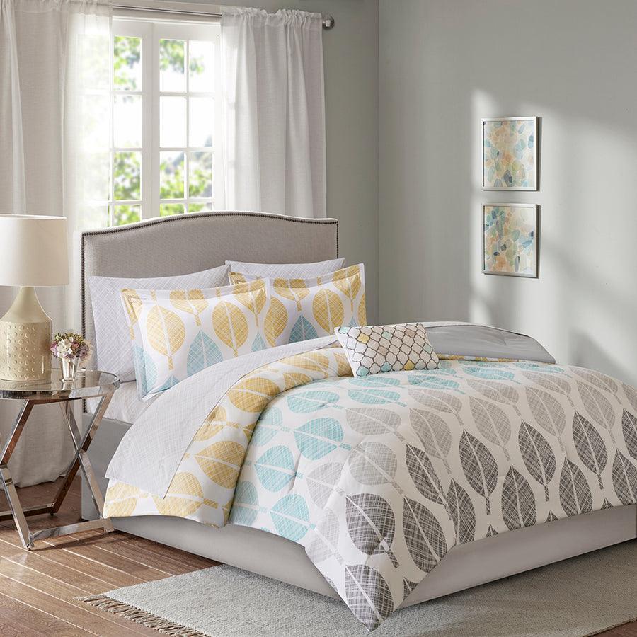 Central California King Park Casual Complete Comforter and Cotton Sheet Set Yellow & Aqua Olliix.com